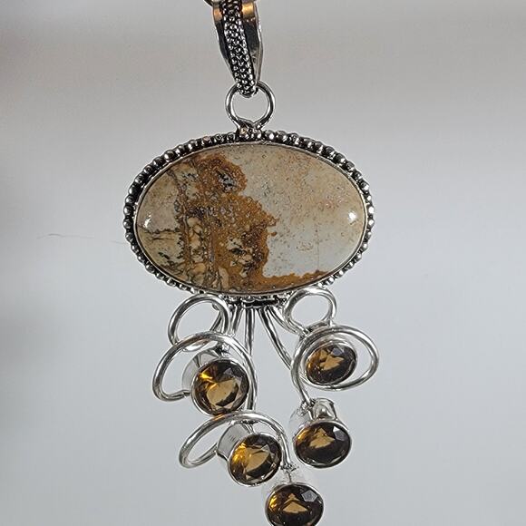 Picture Jasper Pendant – With Smoky Quartz Accent + 20" Silver Snake Chain - Picture 2 of 10